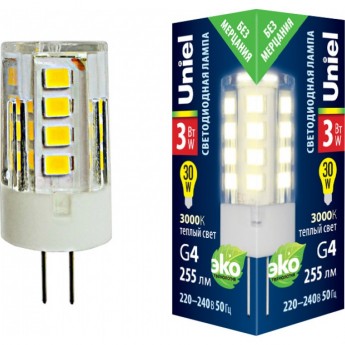 Лампа светодиодная UNIEL LED-JC-220/3W/3000K/G4/CL GLZ09TR прозрачная Лампа светодиодная UNIEL LED-JC-220/3W/3000K/G4/CL GLZ09TR прозрачная