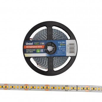 Светодиодная лента UNIEL ULS-2835-180LED/m-10mm-IP20-DC24V-17W/m-5M-3000K катушка в герметичной упаковке Светодиодная лента UNIEL ULS-2835-180LED/m-10mm-IP20-DC24V-17W/m-5M-3000K катушка в герметичной упаковке
