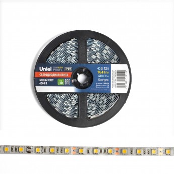 Светодиодная лента UNIEL ULS-M25-5050-60LED/m-10mm-IP20-DC12V-14,4W/m-5M-4000K PROFI катушка в герметичной упаковке Светодиодная лента UNIEL ULS-M25-5050-60LED/m-10mm-IP20-DC12V-14,4W/m-5M-4000K PROFI катушка в герметичной упаковке